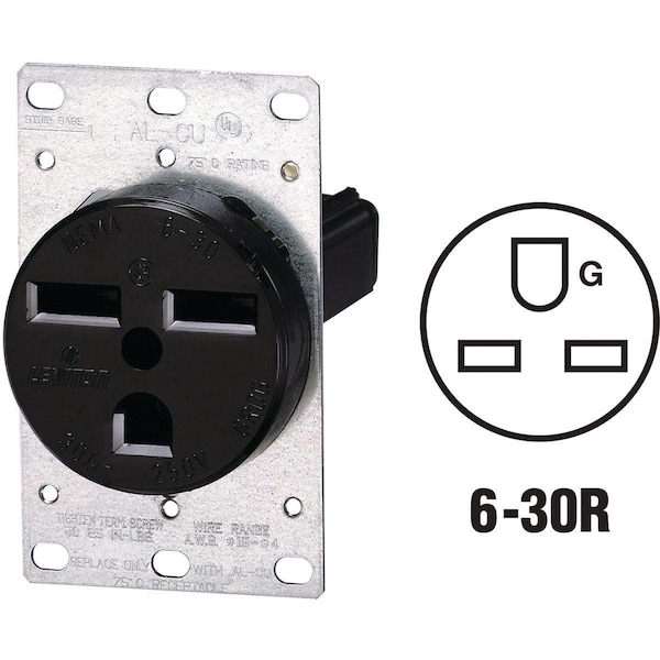 Straight Blade Receptacle, 6-30R, 30 A, 250V AC, 2 Pole, 3 Wire, Flush Mount, Grounded